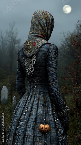 Woman in Vintage Dress with Pumpkin in Graveyard Under Full Moon photo