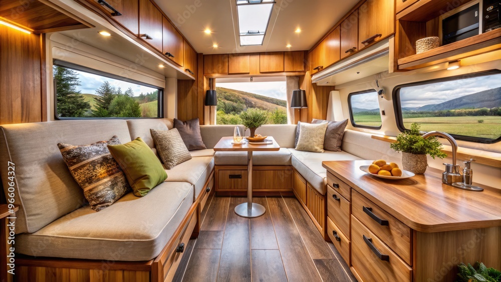 Cozy campervan interior with plush cushions, wooden cabinets, and earthy tones, featuring a compact kitchenette, dinette area, and plenty of natural light filtering in. Cozy campervan interior with plush cushions, wooden cabinets, and earthy tones, featuring a compact kitchenette, dinette area, and plenty of natural light filtering in.