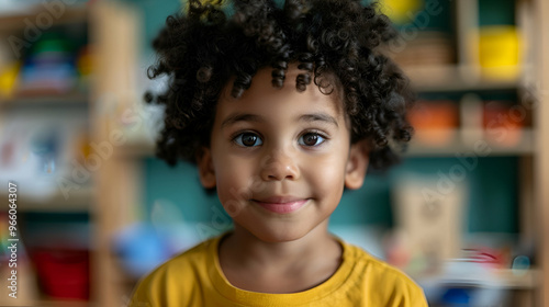 Portrait Happy Kid Boy Playing Kindergar