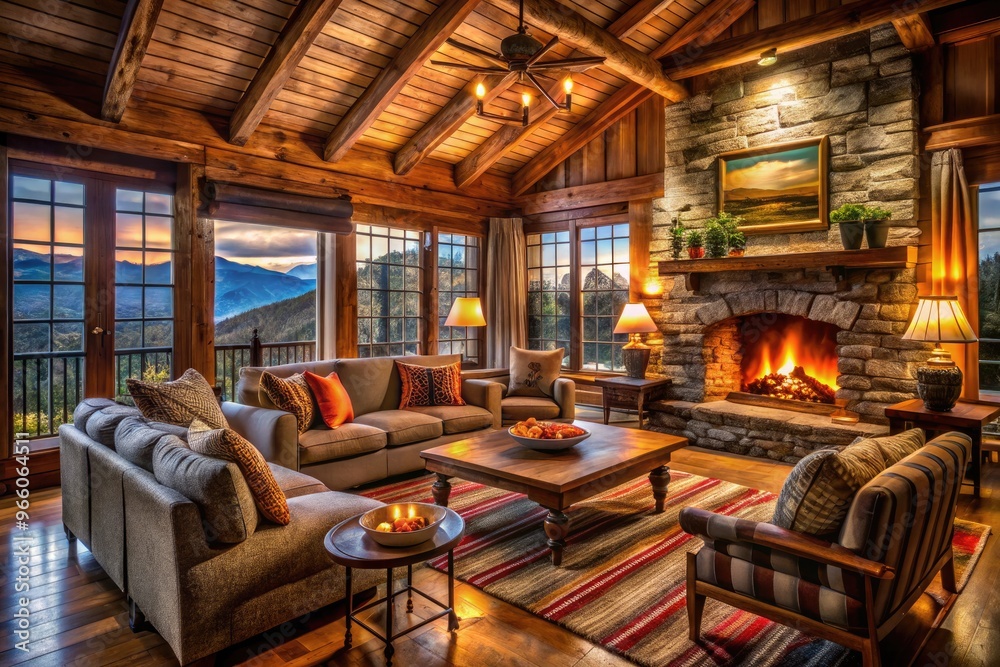 Cozy Mountain Cabin Decorated With Rustic Furniture, Warm Textiles, And Ambient Lighting Creates A Serene And Inviting Atmosphere. Cozy Mountain Cabin Decorated With Rustic Furniture, Warm Textiles, And Ambient Lighting Creates A Serene And Inviting Atmosphere.