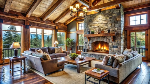 Cozy Rustic Cabin Interior With Modern Design Elements, Featuring A Stone Fireplace, Exposed Wood Beams, And Comfortable Seating