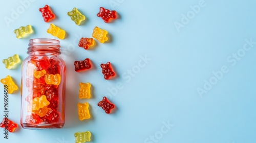 Against a light blue background, a bottle of colorful chewable supplements is surrounded by scattered gummies.