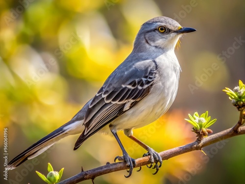 A majestic eastern mockingbird perches on a gnarled branch, its sleek gray and white feathers glistening in dappled