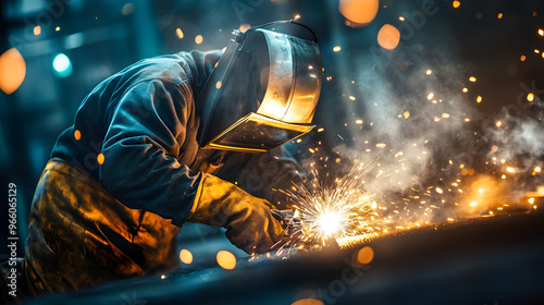 Focused welder crafting steel in a bustling industrial factory, sparks flying under the arc of his mask