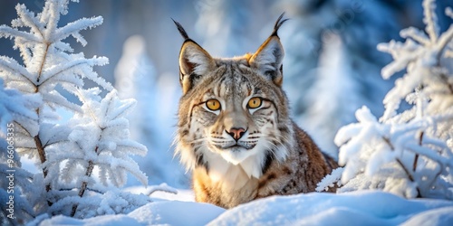 A majestic Eurasian lynx with piercing yellow eyes and thick fur blends seamlessly into a frosty winter landscape, photo