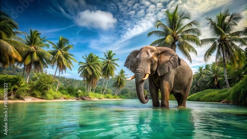 A majestic elephant wades through calm turquoise waters, its wrinkled gray skin glistening with dew, surrounded by lush photo