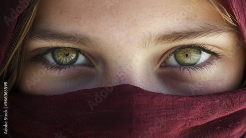 Closeup of the olive green eyes of a girl with her face wrapped in a maroon scarf generative ai