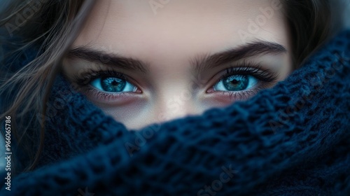 Closeup of the sapphire eyes of a girl with her face wrapped in a navy blue scarf generative ai