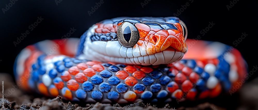 Close-up of a colorful snake with blue, orange, and red scales, looking directly at the camera.