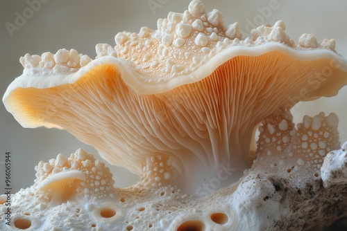 microscopic wonder revealed extreme closeup of sajor caju mushroom transforms familiar fungus into alien landscape intricate textures and muted hues create captivating abstract composition photo