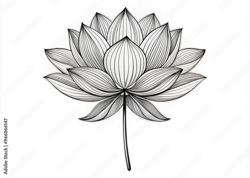 Fototapeta premium Delicate Black Line Drawing Of A Serene Lotus Flower With Intricate Petals And A Long Stem, Isolated On A White Background.