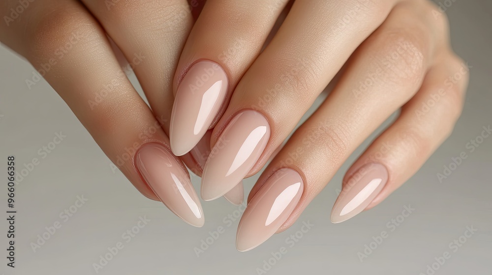 A pair of feminine hands with smooth pale pink nails, positioned delicately against a white background, capturing elegance and simplicity in nail design A pair of feminine hands with smooth pale pink nails, positioned delicately against a white background, capturing elegance and simplicity in nail design