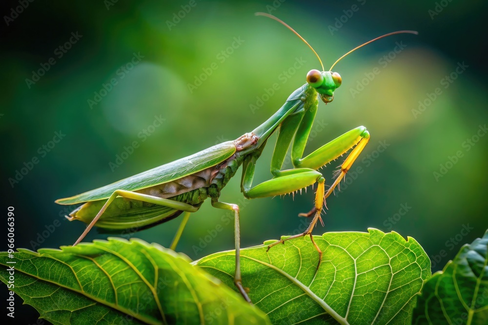 Delicate green female praying mantis perches on a leaf, its spiked forelegs folded in prayer-like pose, awaiting prey in a lush, vibrant natural environment. Delicate green female praying mantis perches on a leaf, its spiked forelegs folded in prayer-like pose, awaiting prey in a lush, vibrant natural environment.
