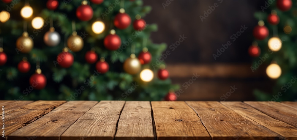 Empty table in front of Christmas tree with decoration background Empty table in front of Christmas tree with decoration background
