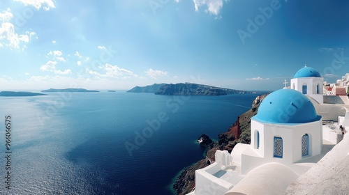 A panoramic view of the blue-domed Orthodox Church in Oia, Santorini, with the crystal-clear waters of the Aegean Sea and bright blue sky in the background