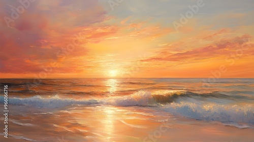 A tranquil painting of a coastal sunset, where warm hues of orange, pink, and gold blend seamlessly across the sky and reflect off the gentle waves of the sea.