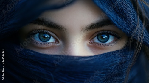 Closeup of the sapphire eyes of a girl with her face wrapped in a navy blue scarf generative ai