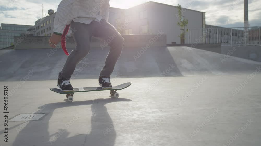 SLOW MOTION: Skateboarder jumps on his skate and starts cruising
