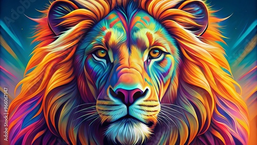 A majestic lion's face rendered in bold lines and vibrant colors, its regal features and whiskers meticulously detailed