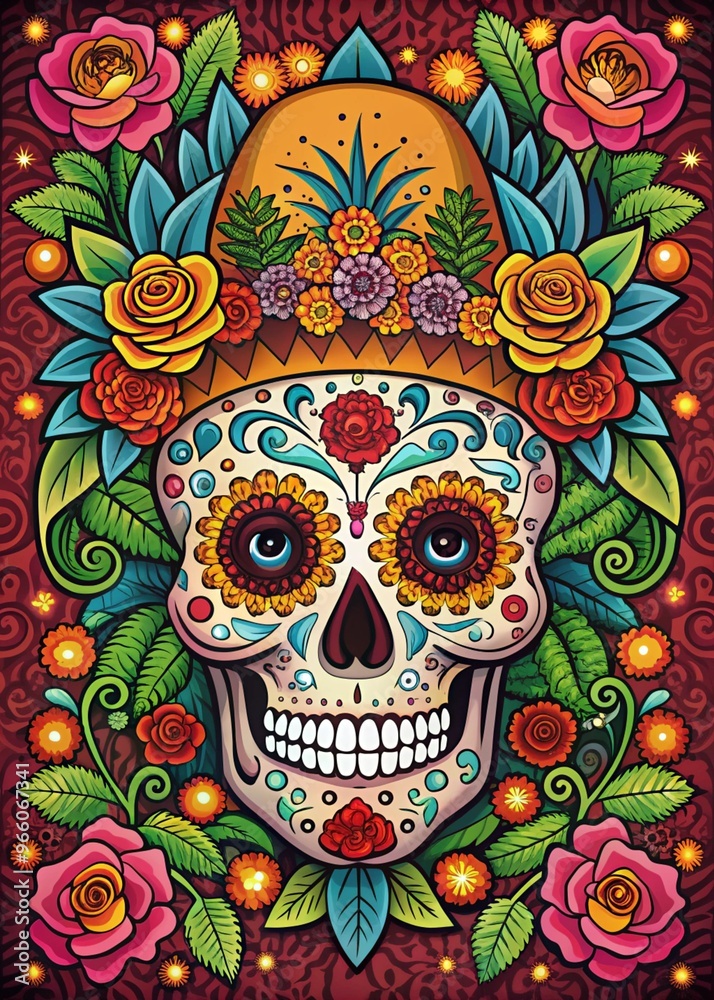 Colorful Day of the Dead Holiday Card Featuring Traditional Skulls and Flowers for Celebration Colorful Day of the Dead Holiday Card Featuring Traditional Skulls and Flowers for Celebration
