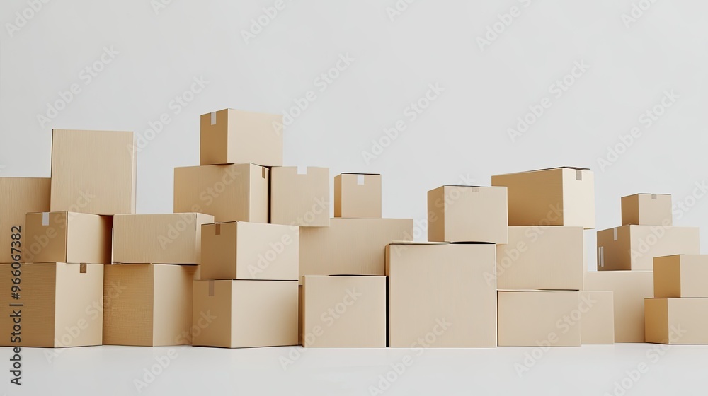 A pile of plain cardboard boxes in various sizes neatly stacked against a white backdrop, symbolizing storage, packaging solutions, and streamlined logistics A pile of plain cardboard boxes in various sizes neatly stacked against a white backdrop, symbolizing storage, packaging solutions, and streamlined logistics