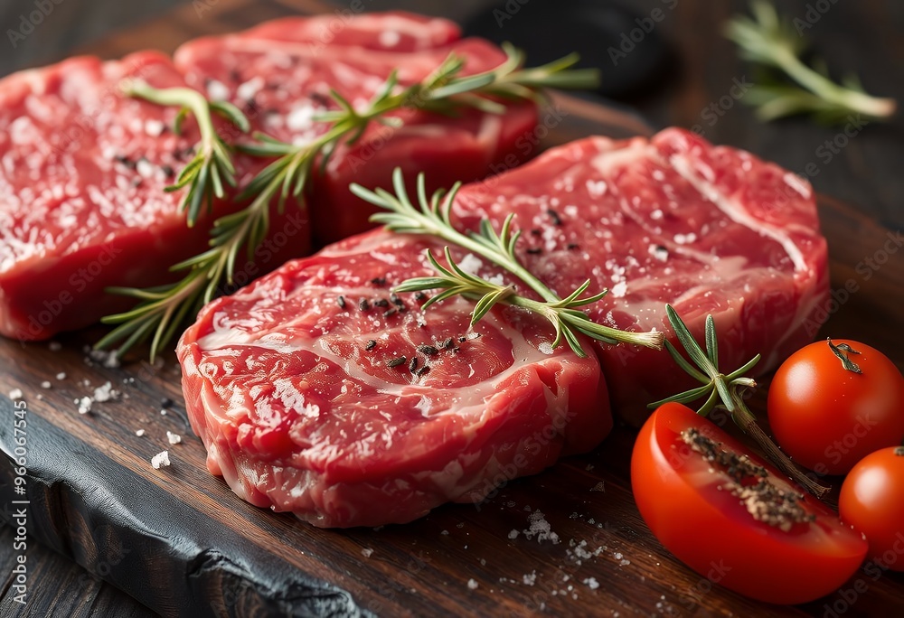 Raw Beef Steaks with Rosemary and Salt on a Wooden Cutting Board Raw Beef Steaks with Rosemary and Salt on a Wooden Cutting Board