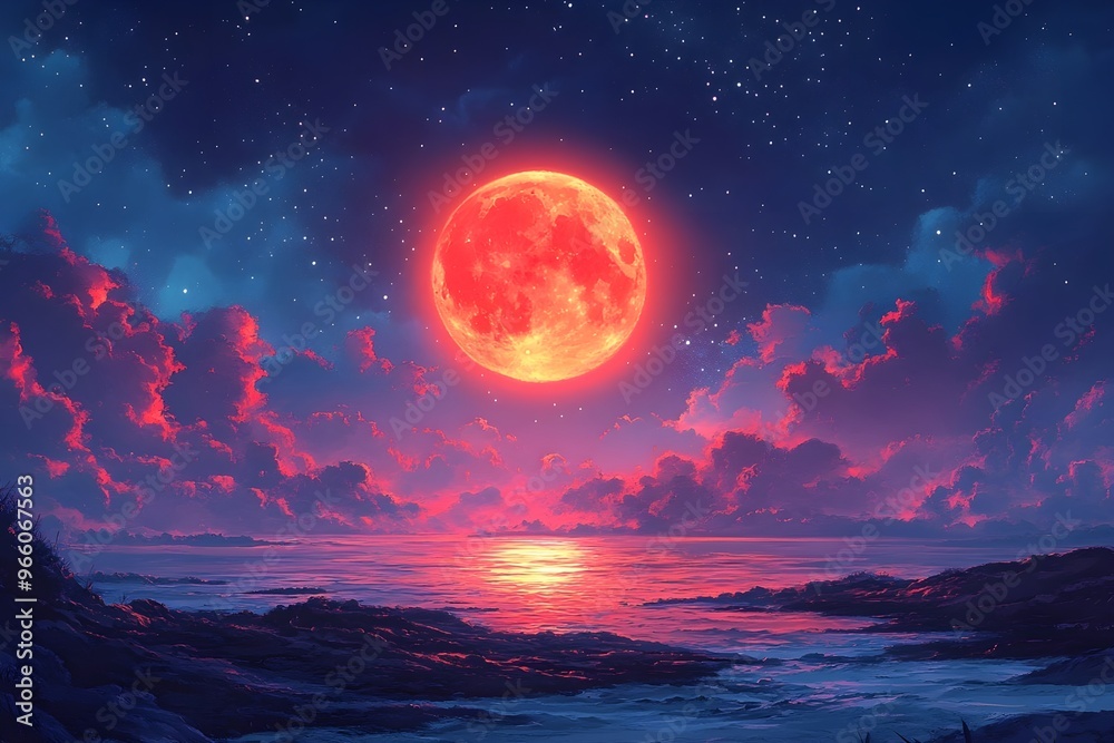 Sky with full red moon and stars Sky with full red moon and stars