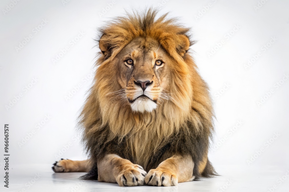 A majestic male African lion with a shaggy mane and piercing gaze sits regally against a clean, pure A majestic male African lion with a shaggy mane and piercing gaze sits regally against a clean, pure