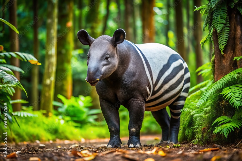 A majestic Malayan tapir with distinctive white stripes and snout roams in its natural habitat, dense forests of A majestic Malayan tapir with distinctive white stripes and snout roams in its natural habitat, dense forests of