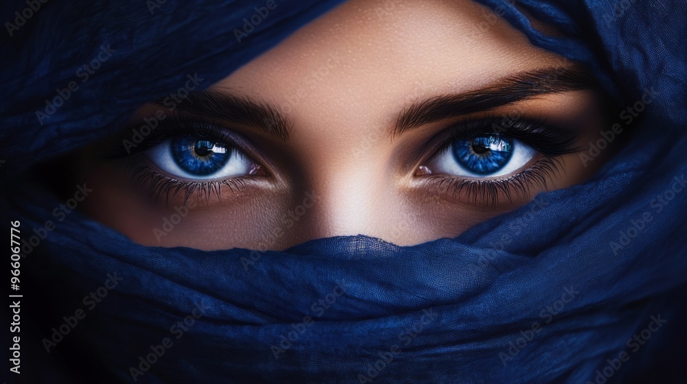 Closeup of the sapphire eyes of a girl with her face wrapped in a navy blue scarf generative ai Closeup of the sapphire eyes of a girl with her face wrapped in a navy blue scarf generative ai