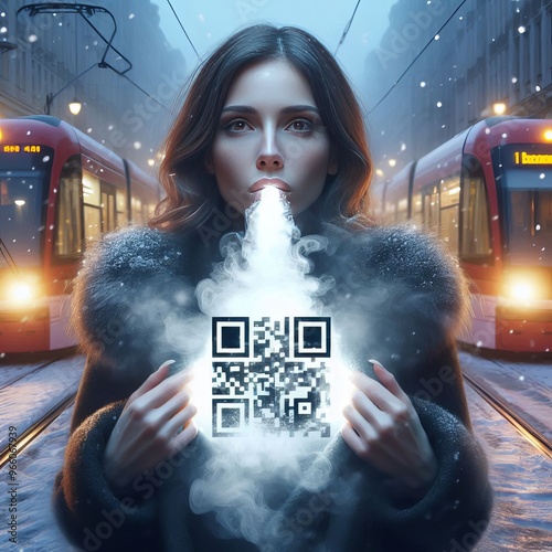  Woman's breath in cold air forming QR code tram lights illumina photo