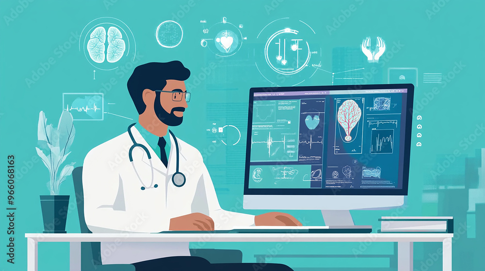 Doctor use computer AI technology support for personalized patient education, offering tailored health advice based on individual medical histories and current conditions. Doctor use computer AI technology support for personalized patient education, offering tailored health advice based on individual medical histories and current conditions.