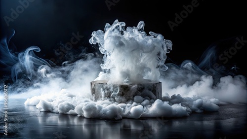 Dry ice sublimating into misty fog on a black background, showcasing the mesmerizing transition of solid carbon dioxide directly into gas. photo