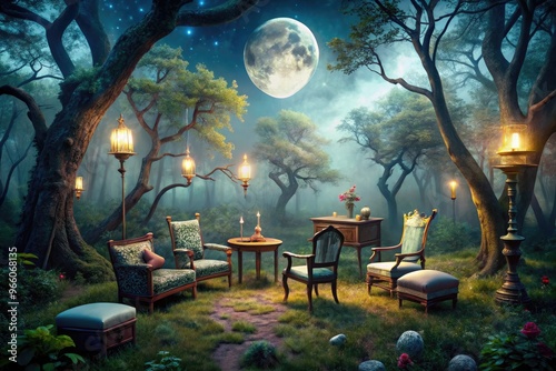 Dreamlike scene featuring a whimsical, mismatched furniture arrangement in a misty, moonlit forest, evoking a sense of fantastical unease and enchanting disorder. photo