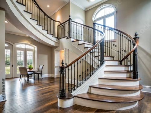 Elegant iron stair railing with minimalist design features slender balusters, curved accents, and a sleek silhouette, adding sophistication to any modern interior staircase. photo