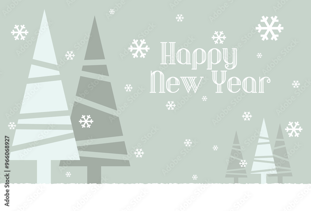 Fototapeta premium New Year greeting with landscape of pine trees in the snow. Greeting card made with an illustration of a winter landscape drawn with simple geometric shapes.