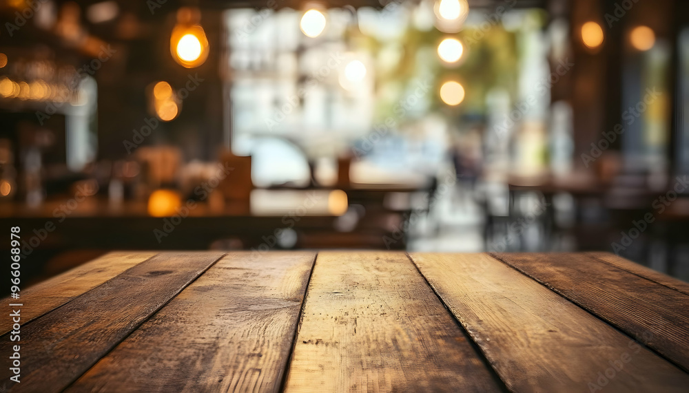 Wooden table top with blurred cafe background. Wooden table top with blurred cafe background.