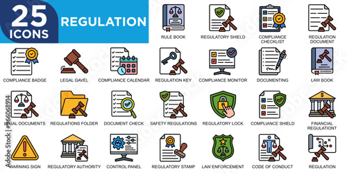 regulation, law, regulation, legal, business, compliance icon set. Outline icons collection. Simple vector illustration