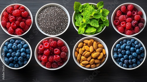 Vibrant bowls filled with raspberries, blueberries, almonds, chia seeds, and fresh mint leaves.