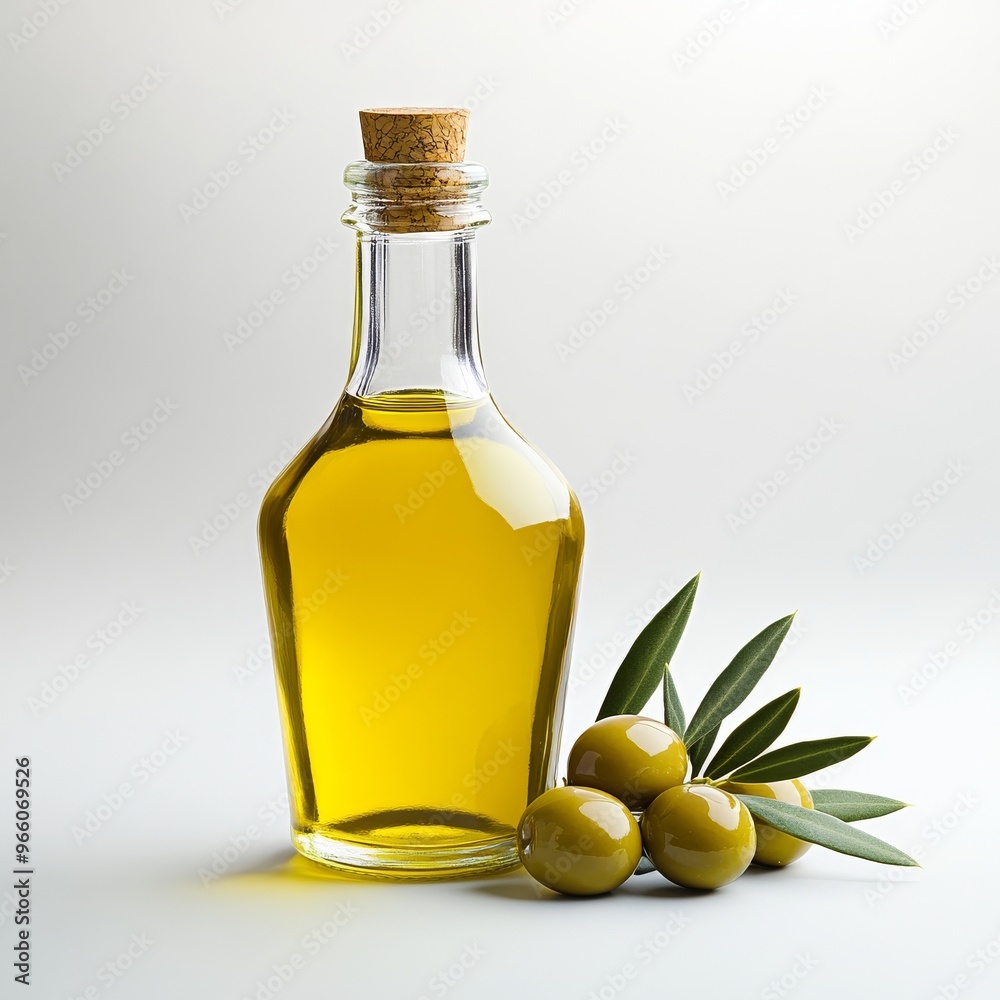 A Bottle of Olive Oil With Fresh Olives and Leaves on a Light Background