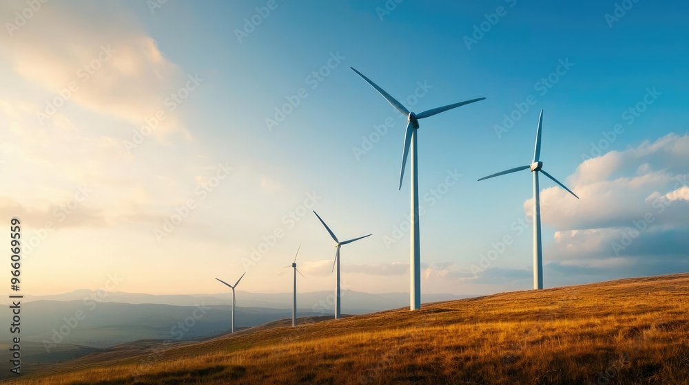 A scenic view of wind turbines on a grassy hill under a bright blue sky, symbolizing renewable energy and nature's harmony. A scenic view of wind turbines on a grassy hill under a bright blue sky, symbolizing renewable energy and nature's harmony.