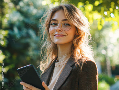 A woman with glasses is holding a tablet in her hand