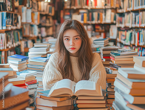 A woman is sitting in a library surrounded by books