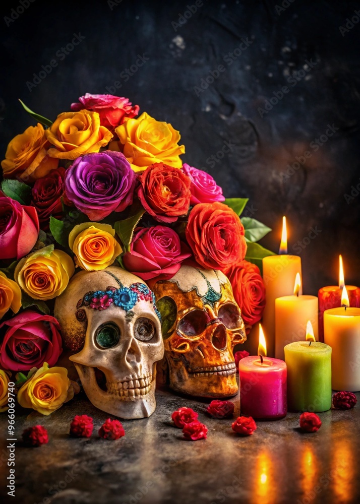A Captivating Arrangement of Colorful Roses, Skulls, and Candles Perfect for Halloween-Themed Events and Creative Projects A Captivating Arrangement of Colorful Roses, Skulls, and Candles Perfect for Halloween-Themed Events and Creative Projects