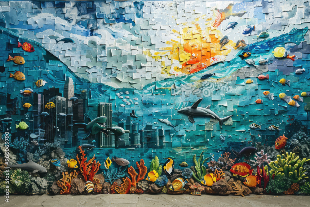 Vibrant Ocean Mural with Urban Skyline and Diverse Marine Life Vibrant Ocean Mural with Urban Skyline and Diverse Marine Life