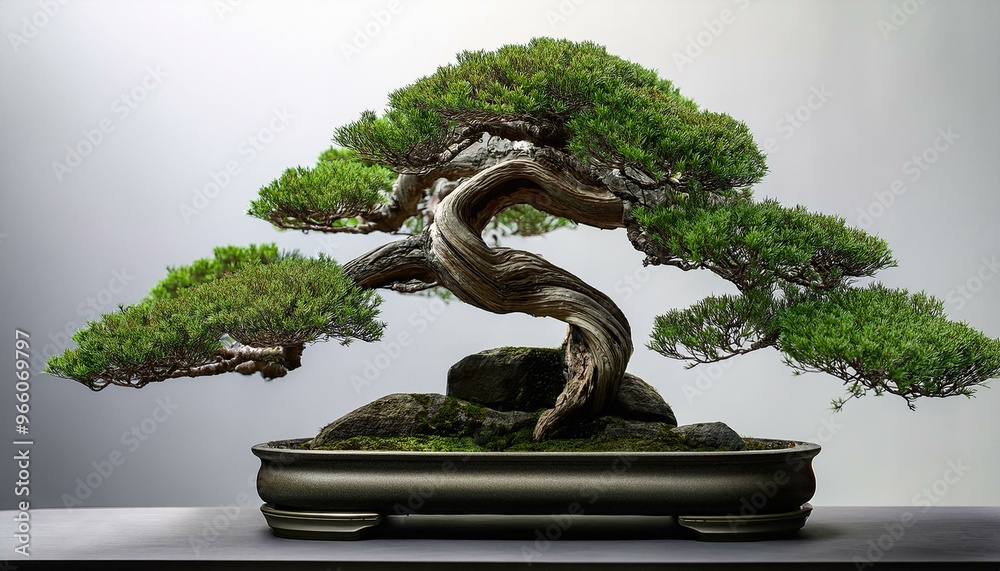 A lush green bonsai tree with twisted branches, growing on a rock. A symbol of peace and tranquility. A lush green bonsai tree with twisted branches, growing on a rock. A symbol of peace and tranquility.
