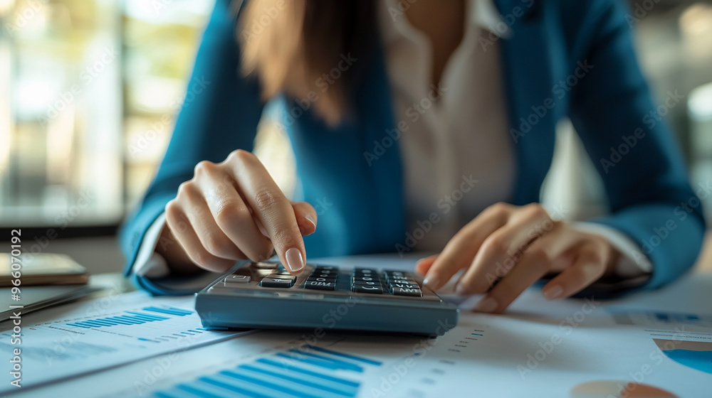 Business finance and accounting concept. Businesswoman using calculator to calculate financial report Business finance and accounting concept. Businesswoman using calculator to calculate financial report