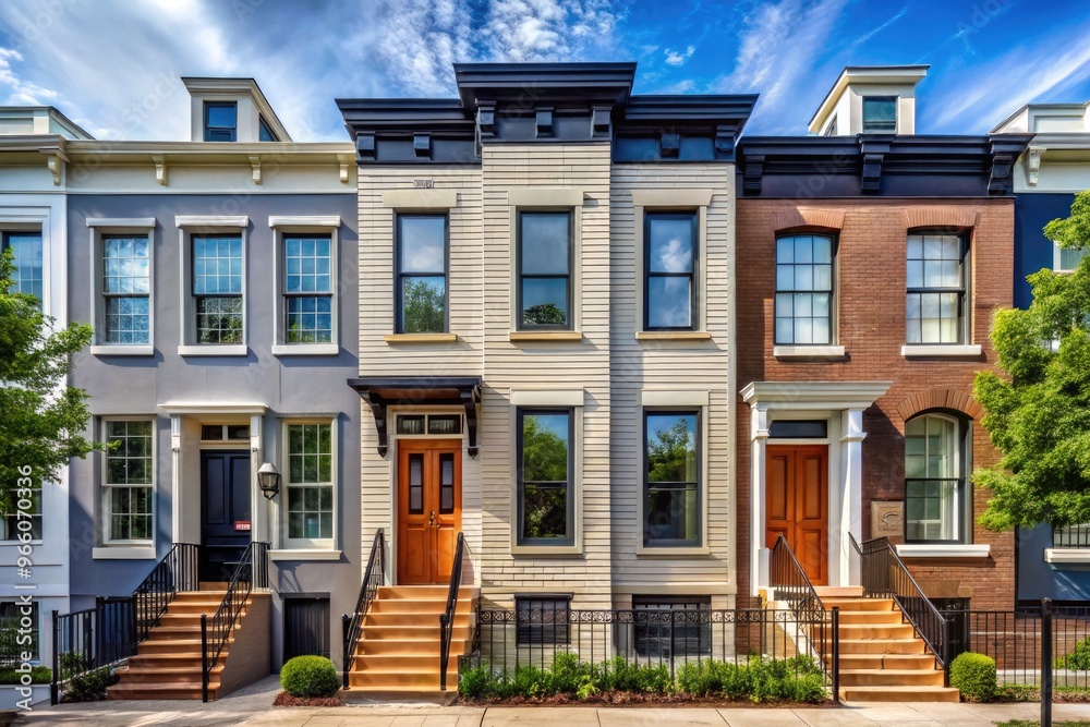 Exterior of a newly renovated row house in Washington D.C. with a modern facade, showcasing updated windows, doors, and siding, amidst urban neighborhood revitalization. Exterior of a newly renovated row house in Washington D.C. with a modern facade, showcasing updated windows, doors, and siding, amidst urban neighborhood revitalization.