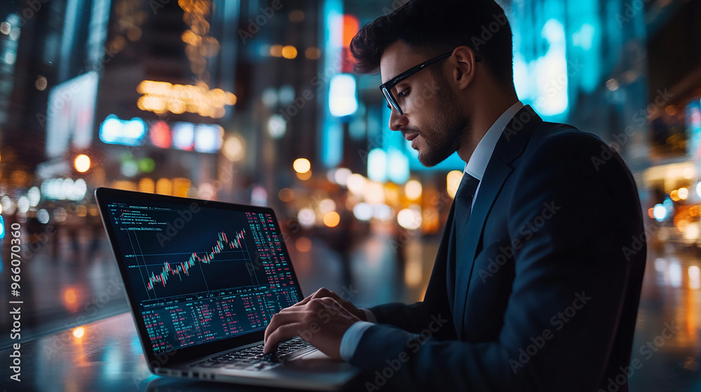 Businessman in a suit checking stock prices on a laptop modern portrait stock market background financial planning Businessman in a suit checking stock prices on a laptop modern portrait stock market background financial planning