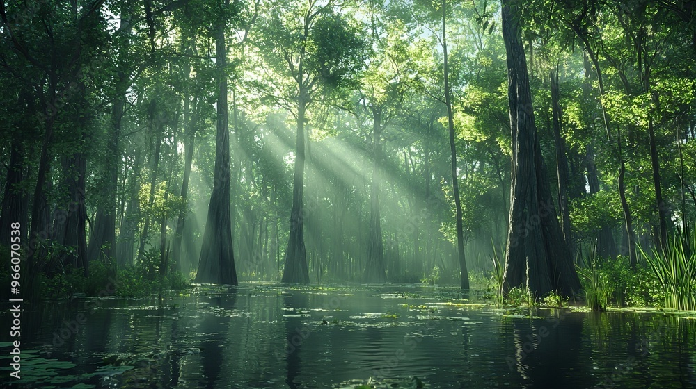 Sunlight streaming through a forest creating beautiful rays of light Sunlight streaming through a forest creating beautiful rays of light